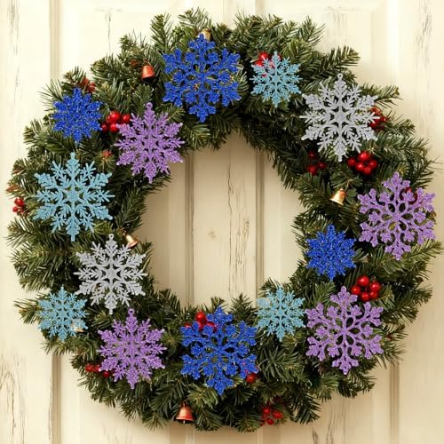 36pcs Light Purple Blue Silver Christmas Snowflake Ornaments, Plastic Glitter Hanging Snow Flakes for Christmas, alternate