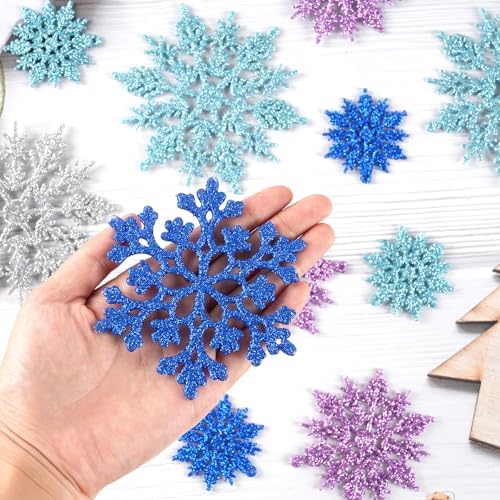 36pcs Light Purple Blue Silver Christmas Snowflake Ornaments, Plastic Glitter Hanging Snow Flakes for Christmas, alternate