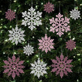 36pcs Pink Silver Christmas Snowflake Ornaments, Plastic Glitter Hanging Snow Flakes for Christmas Tree