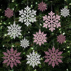 36pcs Pink Silver Christmas Snowflake Ornaments, Plastic Glitter Hanging Snow Flakes for Christmas Tree