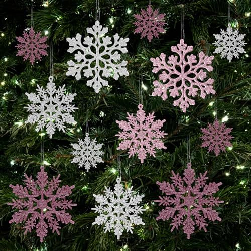 36pcs Pink Silver Christmas Snowflake Ornaments, Plastic Glitter Hanging Snow Flakes for Christmas Tree