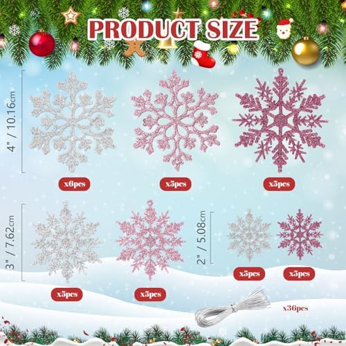36pcs Pink Silver Christmas Snowflake Ornaments, Plastic Glitter Hanging Snow Flakes for Christmas Tree, alternate view 2