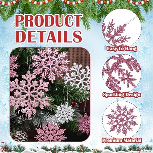 36pcs Pink Silver Christmas Snowflake Ornaments, Plastic Glitter Hanging Snow Flakes for Christmas Tree, alternate view 3