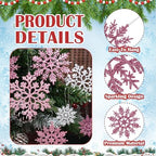 36pcs Pink Silver Christmas Snowflake Ornaments, Plastic Glitter Hanging Snow Flakes for Christmas Tree, alternate view 3