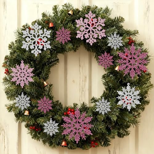 36pcs Pink Silver Christmas Snowflake Ornaments, Plastic Glitter Hanging Snow Flakes for Christmas Tree, alternate view 4