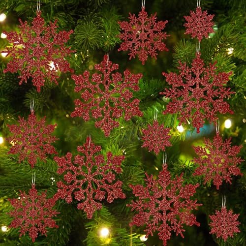 36pcs Red Christmas Snowflake Ornaments, Plastic Glitter Hanging Snow Flakes for Christmas Tree Decorations