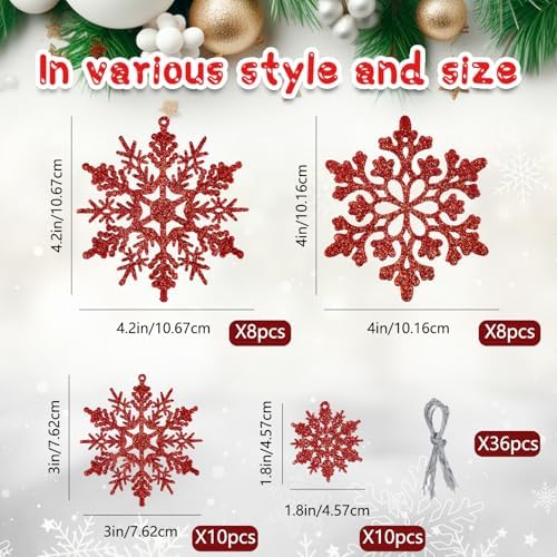 36pcs Red Christmas Snowflake Ornaments, Plastic Glitter Hanging Snow Flakes for Christmas Tree Decorations, alternate view 2
