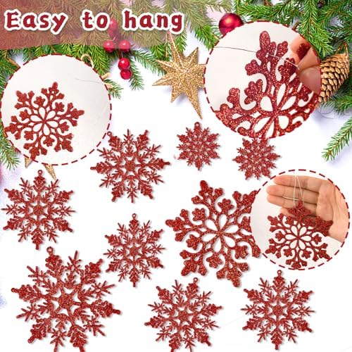 36pcs Red Christmas Snowflake Ornaments, Plastic Glitter Hanging Snow Flakes for Christmas Tree Decorations, alternate view 3