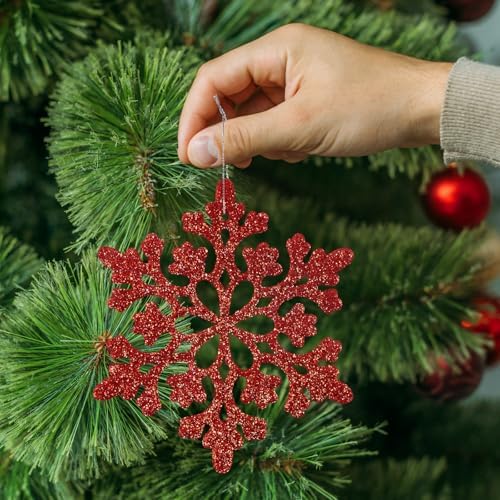 36pcs Red Christmas Snowflake Ornaments, Plastic Glitter Hanging Snow Flakes for Christmas Tree Decorations, alternate view 5