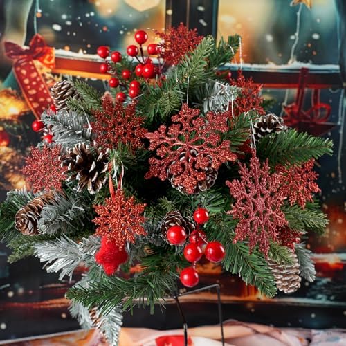 36pcs Red Christmas Snowflake Ornaments, Plastic Glitter Hanging Snow Flakes for Christmas Tree Decorations, alternate view 6