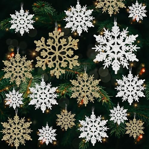 36pcs Snowflakes-Christmas Tree Decorations, Snowflake Ornaments for Tree, Plastic Glitter White Gold Snow