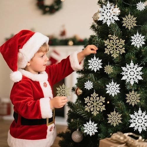 36pcs Snowflakes-Christmas Tree Decorations, Snowflake Ornaments for Tree, Plastic Glitter White Gold Snow, alternate view 2