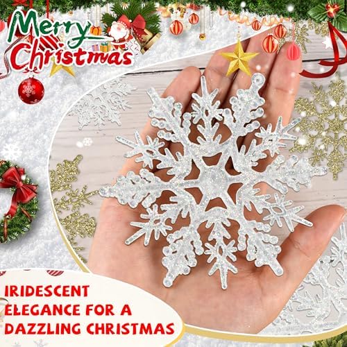36pcs Snowflakes-Christmas Tree Decorations, Snowflake Ornaments for Tree, Plastic Glitter White Gold Snow, alternate view 3