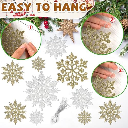 36pcs Snowflakes-Christmas Tree Decorations, Snowflake Ornaments for Tree, Plastic Glitter White Gold Snow, alternate view 5