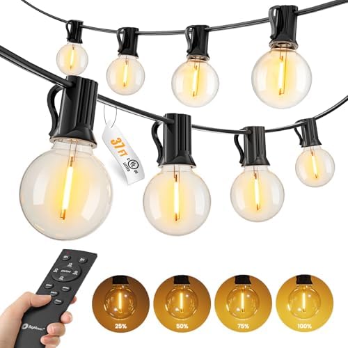 37Ft Outdoor String Lights with Remote, Dimmable G40 LED Bulbs, Waterproof