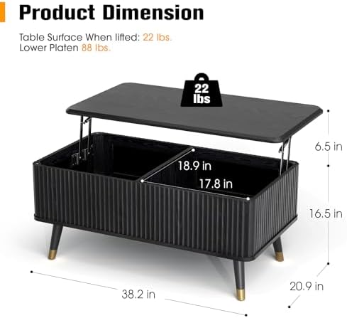 38" Lift Top Coffee Table with Storage for Living Room, Black in Black, alternate view 2