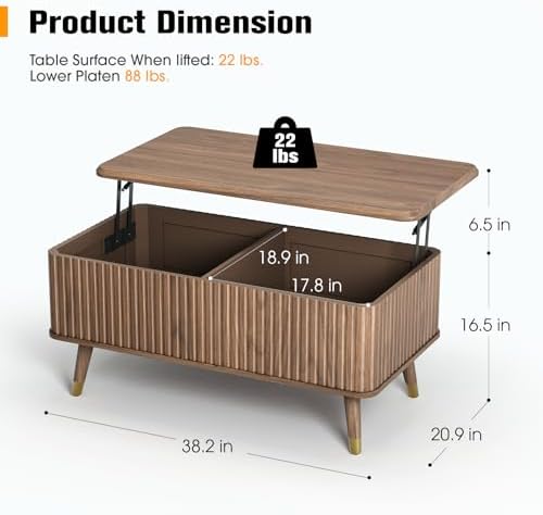 38" Lift Top Coffee Table with Storage for Living Room, Walnut, alternate view 2
