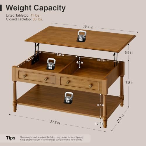 39.4" Lift Top Coffee Table with Storage for Living Room, Walnut, alternate view 2