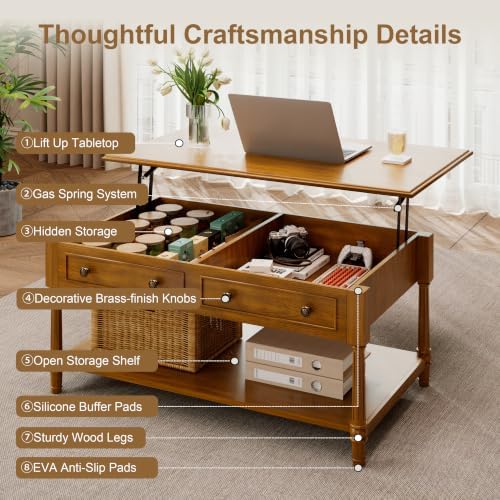 39.4" Lift Top Coffee Table with Storage for Living Room, Walnut, alternate view 6