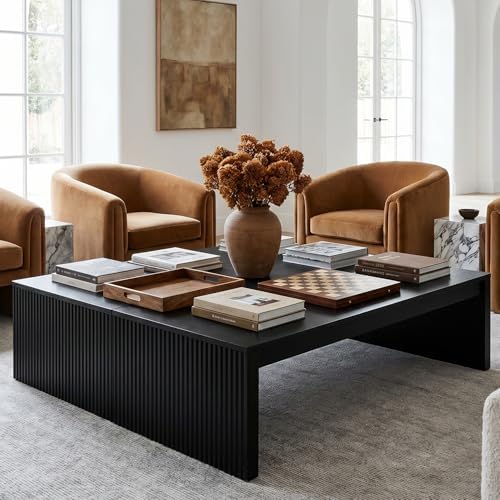 39.4" Square Fluted Coffee Table, Mid-Century Modern Black Center Table for Living Room, Architectural Wood