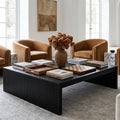 39.4" Square Fluted Coffee Table, Mid-Century Modern Black Center Table for Living Room, Architectural Wood
