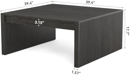 39.4" Square Fluted Coffee Table, Mid-Century Modern Black Center Table for Living Room, Architectural Wood, alternate view 2
