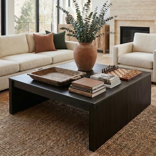 39.4" Square Fluted Coffee Table, Mid-Century Modern Black Center Table for Living Room, Architectural Wood, alternate view 3