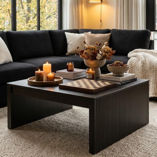 39.4" Square Fluted Coffee Table, Mid-Century Modern Black Center Table for Living Room, Architectural Wood, alternate view 4