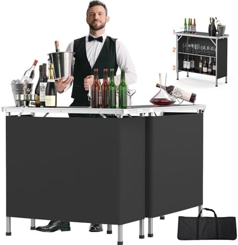 39" Portable Bar Table, 3-Tier Shelves, Mobile Bar Table for Events, Party, Camping, Picnic, Tradeshow, Indoor