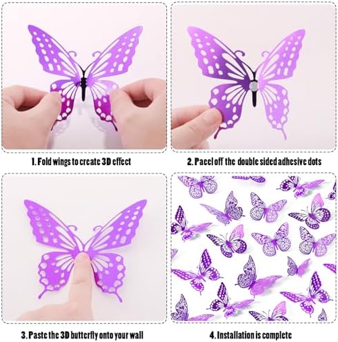 3D Butterfly Wall Decor 48 Pcs Purple Butterfly Decorations, alternate view 6