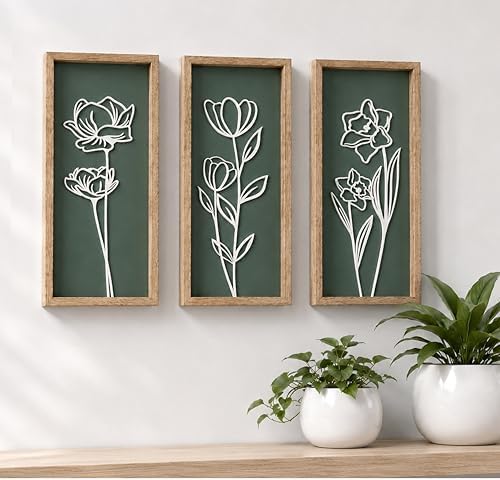3d Green Wall Art, Wooden Botanical Wall Decor, Set of 3