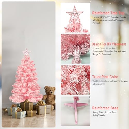 3FT Pink Premium Hinged Artificial Holiday Small Mini Christmas Tree for Tabletop, Home, Office, Indoor and, alternate view 3