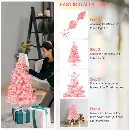 3FT Pink Premium Hinged Artificial Holiday Small Mini Christmas Tree for Tabletop, Home, Office, Indoor and, alternate view 5