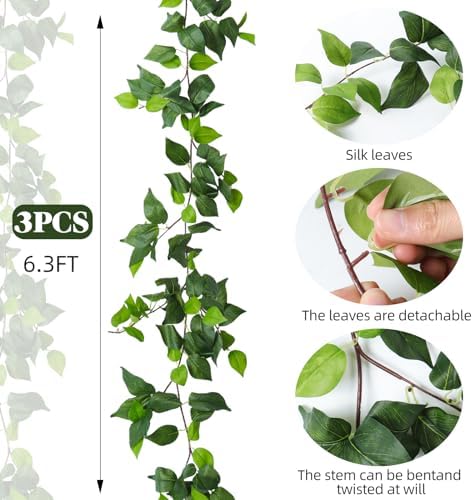 3Pc Fake Vines Artificial Ivy Garland Silk Pothos Leaf Plant 6.3Ft, alternate view 4