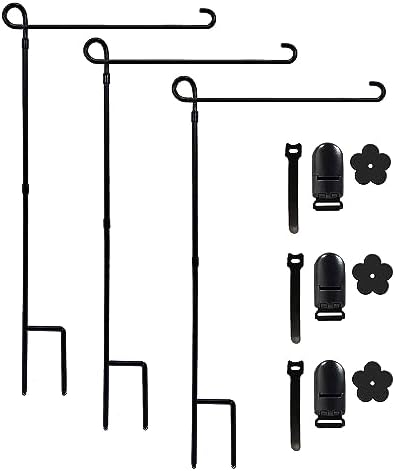 3PC Garden Flag Holder Stand, Weather-Proof Yard Flag Pole Black Metal Powder-Coated Flagpole with Tiger Clip