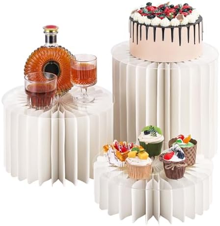 3pcs 12" Foldable Accordion Buffet Risers Cylinder White Cardboard Desserts Stands with Acrylic Plates