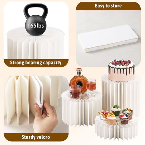 3pcs 12" Foldable Accordion Buffet Risers Cylinder White Cardboard Desserts Stands with Acrylic Plates, alternate view 4