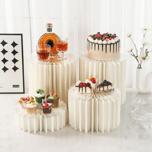 3pcs 12" Foldable Accordion Buffet Risers Cylinder White Cardboard Desserts Stands with Acrylic Plates, alternate view 5