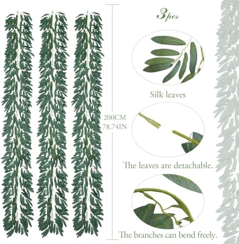 3Pcs 6.5FT Artificial Olive Leaves Vine, Silk Fake Olive Garland, alternate view 4