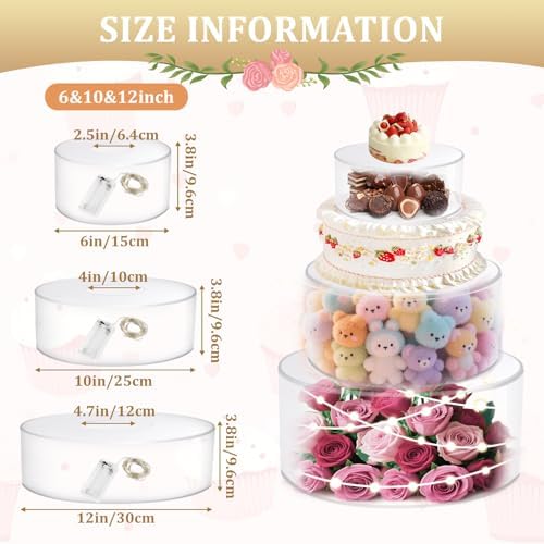 3Pcs Acrylic Cake Display Stand 6'' 10'' 12'' Round 3 Tier Clear Cylinder Cake Box for Wedding Birthday Party, alternate view