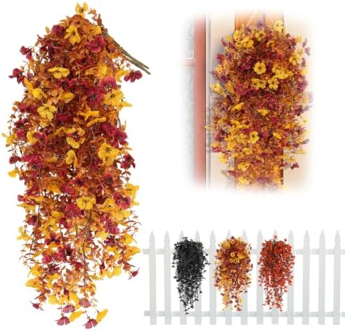 3PCS Artificial Fall Hanging Flowers Fake Mums for Outdoors in Hang Autumn Mix