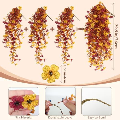 3PCS Artificial Fall Hanging Flowers Fake Mums for Outdoors in Hang Autumn Mix, alternate view 3