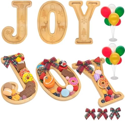 3PCS Bamboo Christmas Decorations Letters Charcuterie Board Box-(with 14 Balloons and Bow) Joy Charcuterie