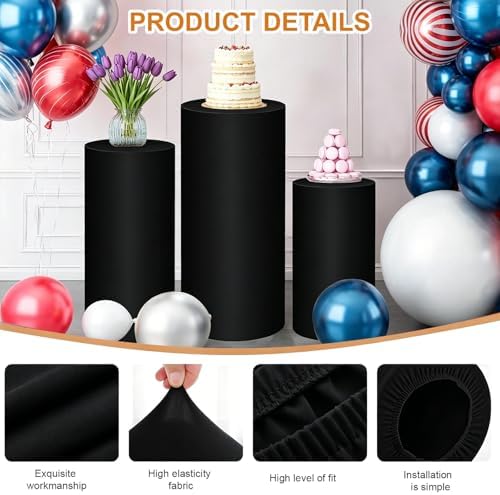 3PCS Black Spandex Cylinder Pedestal Stand Covers, Elastic Fitted Round Plinth Pillar Covers for Party Backdrop, alternate