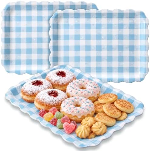 3Pcs Blue Gingham Serving Trays, Scalloped, 13 x 10 Inch in 13 x 10 Inch in Blue