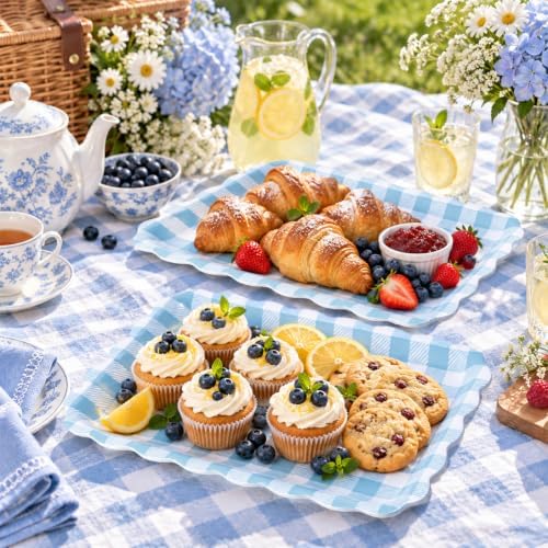 3Pcs Blue Gingham Serving Trays, Scalloped, 13 x 10 Inch in 13 x 10 Inch in Blue, alternate view 2