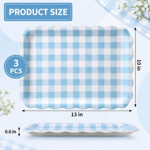 3Pcs Blue Gingham Serving Trays, Scalloped, 13 x 10 Inch in 13 x 10 Inch in Blue, alternate view 3