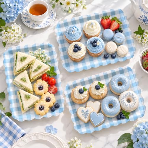 3Pcs Blue Gingham Serving Trays, Scalloped, 13 x 10 Inch in 13 x 10 Inch in Blue, alternate view 5