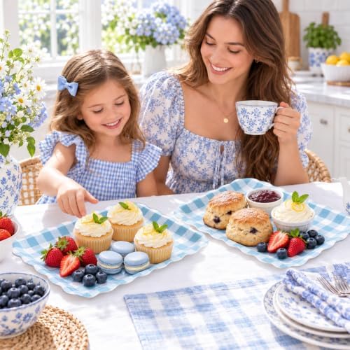 3Pcs Blue Gingham Serving Trays, Scalloped, 13 x 10 Inch in 13 x 10 Inch in Blue, alternate view 7