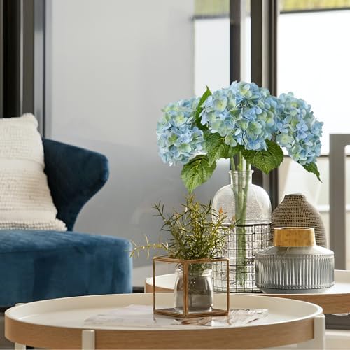 3PCS Blue Green Faux Hydrangeas Artificial Flower 21" with Stems, alternate view 2